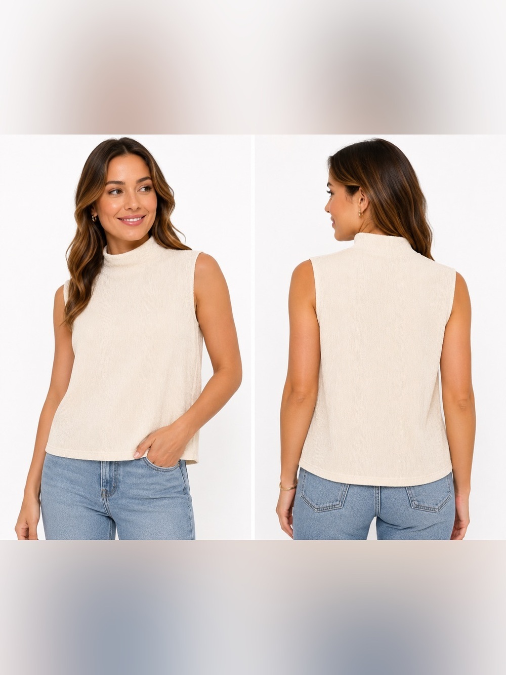 Calvin Klein Textured Sleeveless Mock Neck Top Ivory Cream Size S